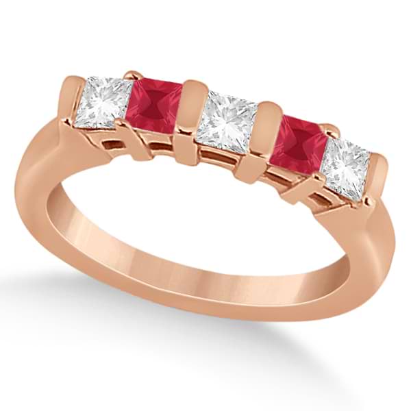 5 Stone Princess Diamond & Ruby Wedding Band 14K Rose Gold 0.56ct