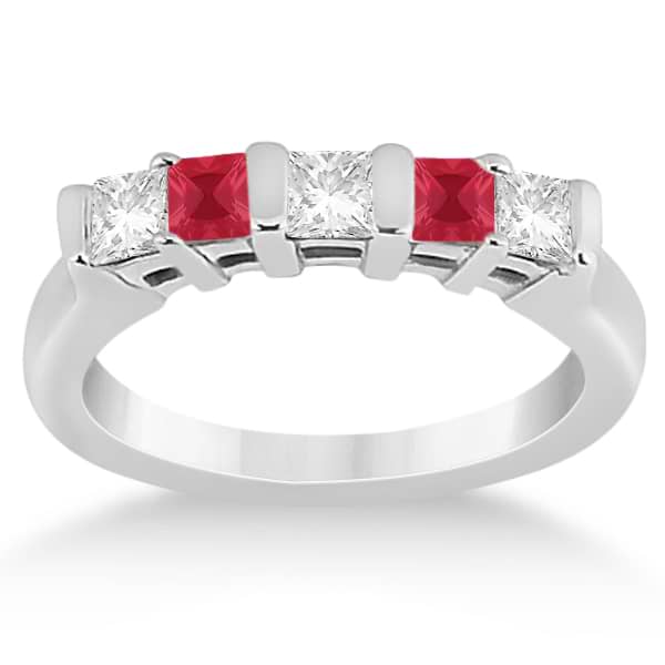 5 Stone Princess Diamond & Ruby Wedding Band 14K White Gold 0.56ct