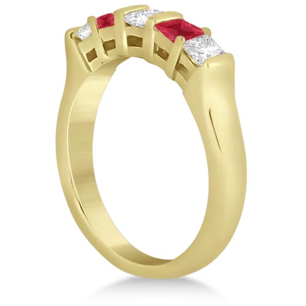 5 Stone Princess Diamond & Ruby Wedding Band 18K Yellow Gold 0.56ct