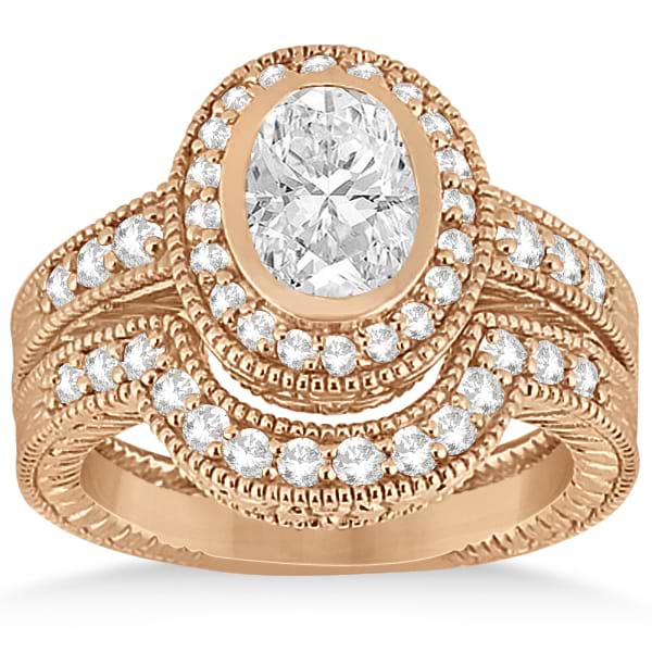 Vintage Diamond Engagement Ring & Band 14k Rose Gold Bridal Set 0.64ct