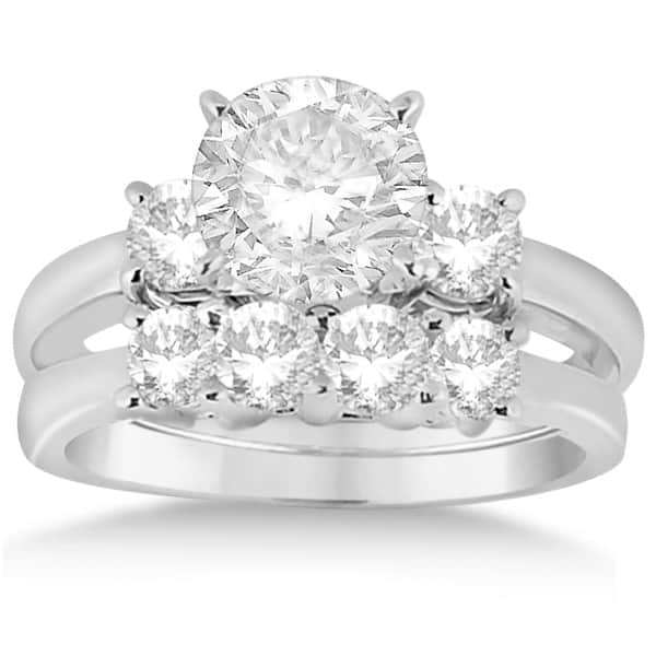 3 Stone Diamond Engagement Ring & Wedding Band Set 18K W. Gold (1.10ct)