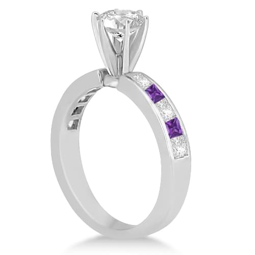Channel Amethyst & Diamond Engagement Ring 14k White Gold (0.60ct)
