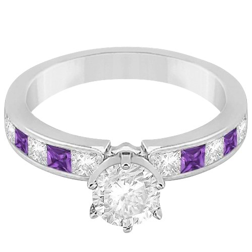 Channel Amethyst & Diamond Engagement Ring 14k White Gold (0.60ct)