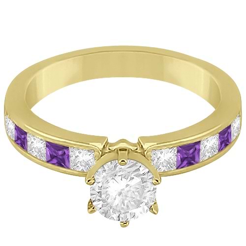 Channel Amethyst & Diamond Engagement Ring 14k Yellow Gold (0.60ct)