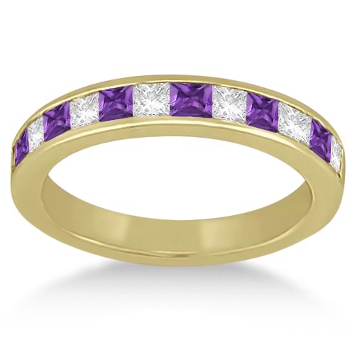 Channel Amethyst & Diamond Wedding Ring 18k Yellow Gold (0.70ct)
