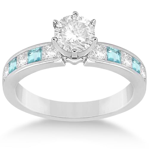 Channel Aquamarine & Diamond Engagement Ring 14k White Gold (0.60ct)