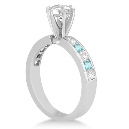 Channel Aquamarine & Diamond Engagement Ring 14k White Gold (0.60ct)