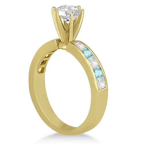 Channel Aquamarine & Diamond Engagement Ring 14k Yellow Gold (0.60ct)