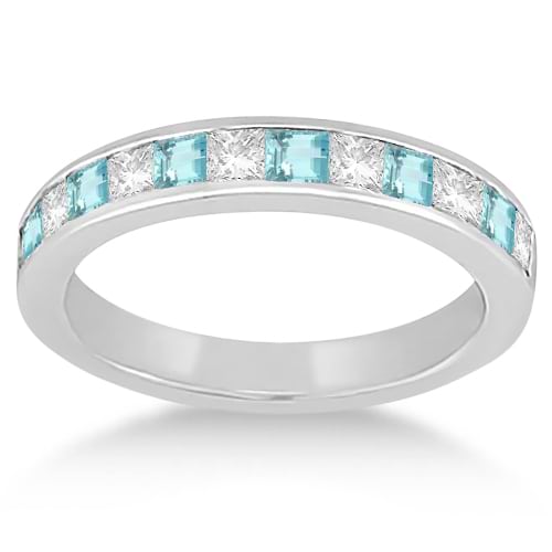 Channel Aquamarine & Diamond Wedding Ring 14k White Gold (0.70ct)