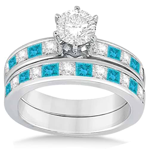 Princess Cut White & Blue Diamond Bridal Set 18K White Gold (1.10ct)