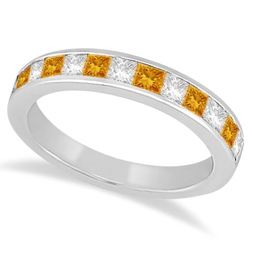 Channel Citrine & Diamond Wedding Ring 14k White Gold (0.70ct)