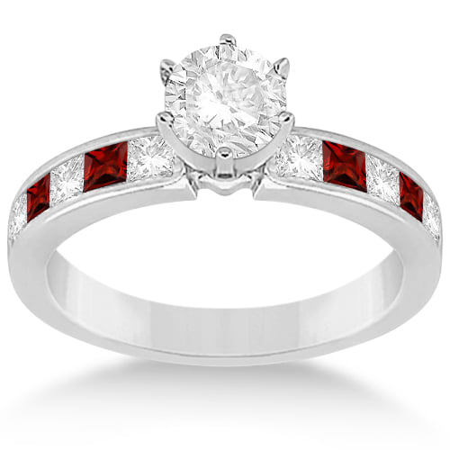 Channel Garnet & Diamond Engagement Ring 14k White Gold (0.60ct)
