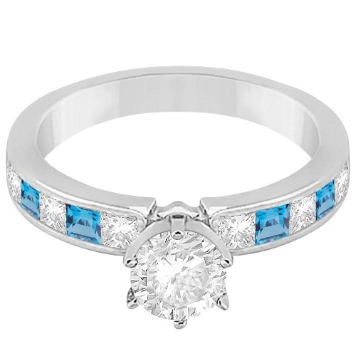 Channel Blue Topaz & Diamond Engagement Ring 14k White Gold (0.60ct)