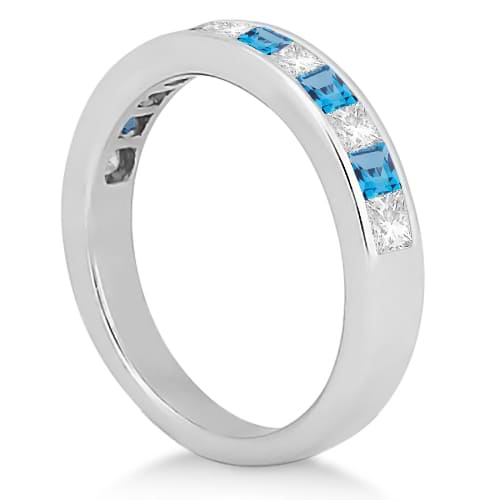 Channel Blue Topaz & Diamond Wedding Ring 14k White Gold (0.70ct)