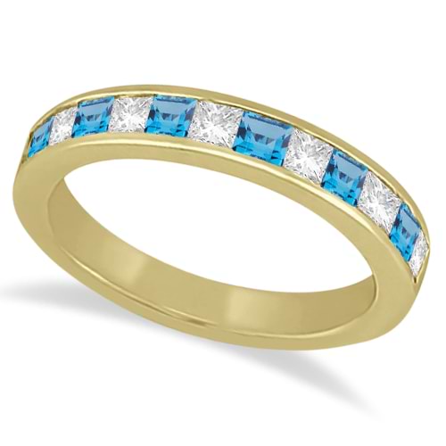 Channel Blue Topaz & Diamond Wedding Ring 14k Yellow Gold (0.70ct)