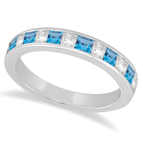 Channel Blue Topaz & Diamond Wedding Ring 18k White Gold (0.70ct)