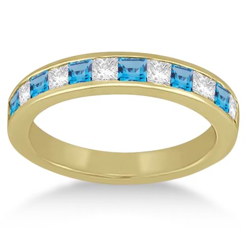 Channel Blue Topaz & Diamond Wedding Ring 18k Yellow Gold (0.70ct)