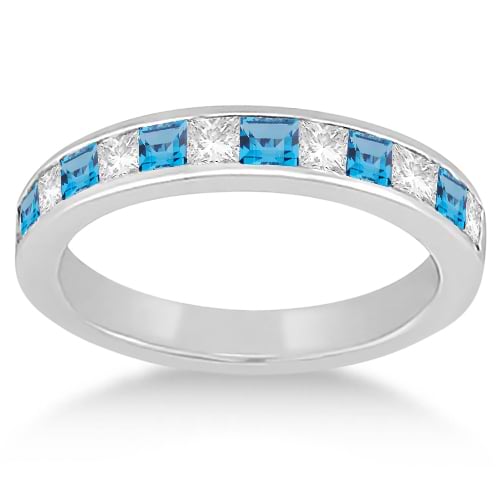 Channel Blue Topaz & Diamond Wedding Ring Palladium (0.70ct)