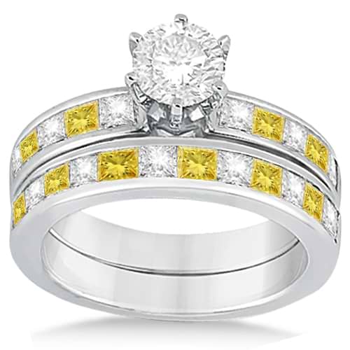 Princess Cut White & Yellow Diamond Bridal Set in Palladium (1.10ct)