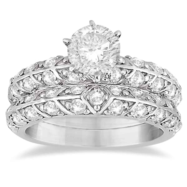 Designer Diamond Bridal Set Ring and Band in 14k White Gold (1.43ct)