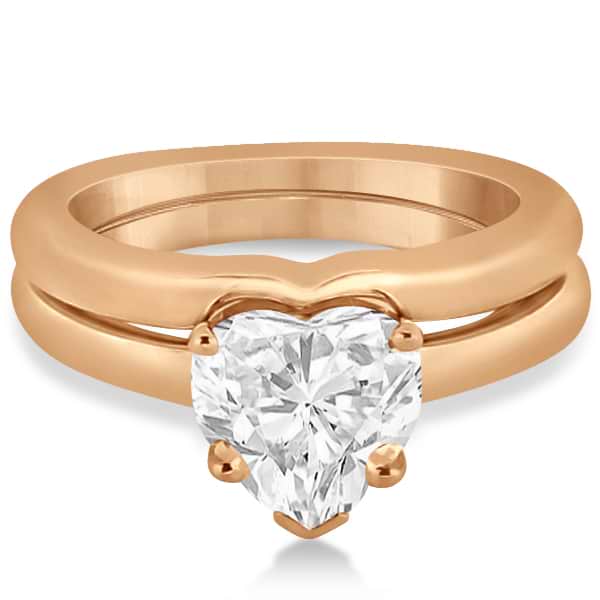 Heart Shaped Engagement Ring & Wedding Band Bridal Set 14k Rose Gold