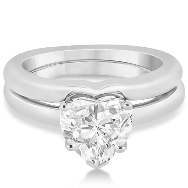 Heart Shaped Engagement Ring & Wedding Band Bridal Set 14k White Gold