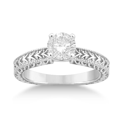 Antique Engraved Solitaire Engagement Ring Setting 14k White Gold