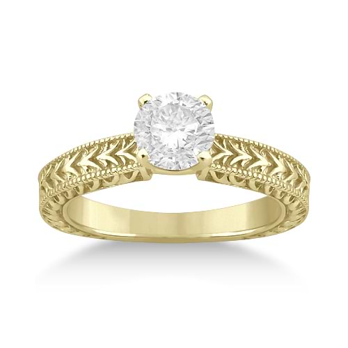 Antique Engraved Solitaire Engagement Ring Setting 14k Yellow Gold