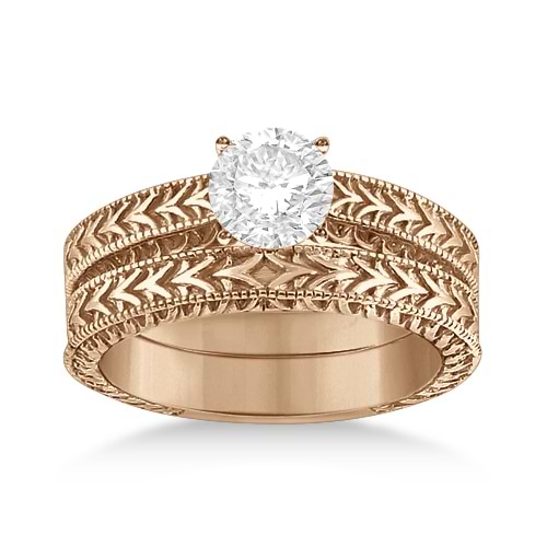 Solitaire Engagement Ring & Wedding Band Bridal Set 14k Rose Gold