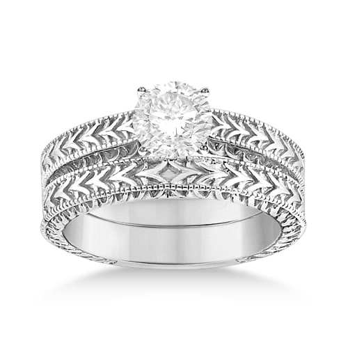 Solitaire Engagement Ring & Wedding Band Bridal Set 18k White Gold