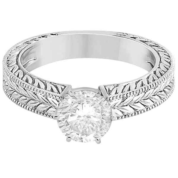 Vintage Carved Filigree Solitaire Engagement Ring in 14k White Gold