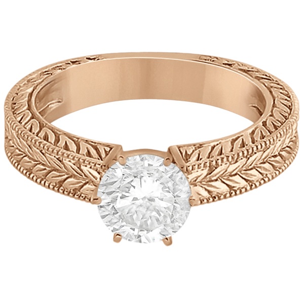 Vintage Carved Filigree Solitaire Engagement Ring in 18k Rose Gold