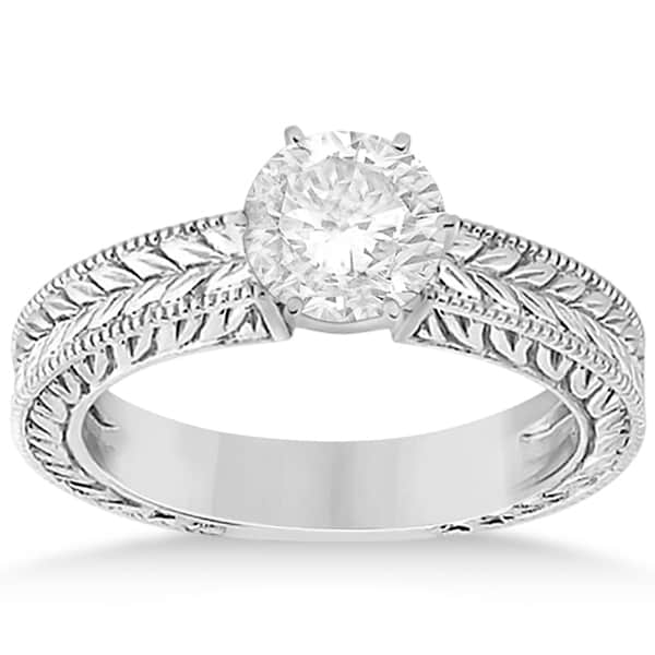 Vintage Carved Filigree Solitaire Engagement Ring in 18k White Gold