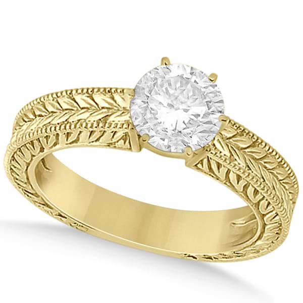 Vintage Carved Filigree Solitaire Engagement Ring in 18k Yellow Gold