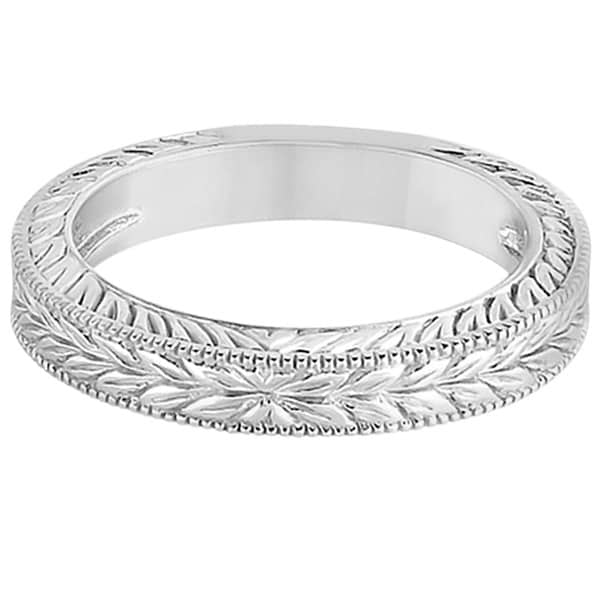 Vintage Carved Filigree Leaf Design Wedding Band in Platinum