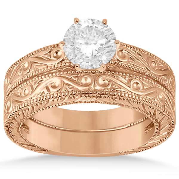 Classic Filigree Designed Solitaire Diamond Bridal Set 14K Rose Gold