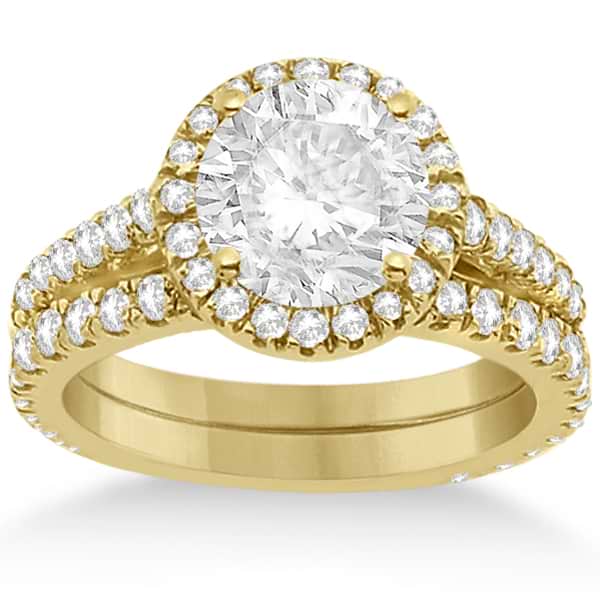 Diamond Bridal Halo Engagement Ring & Eternity Band 14K Yellow Gold (1.30ct)