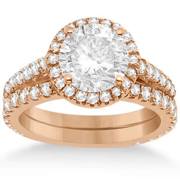 Diamond Bridal Halo Engagement Ring & Eternity Band 18K Rose Gold (1.30ct)