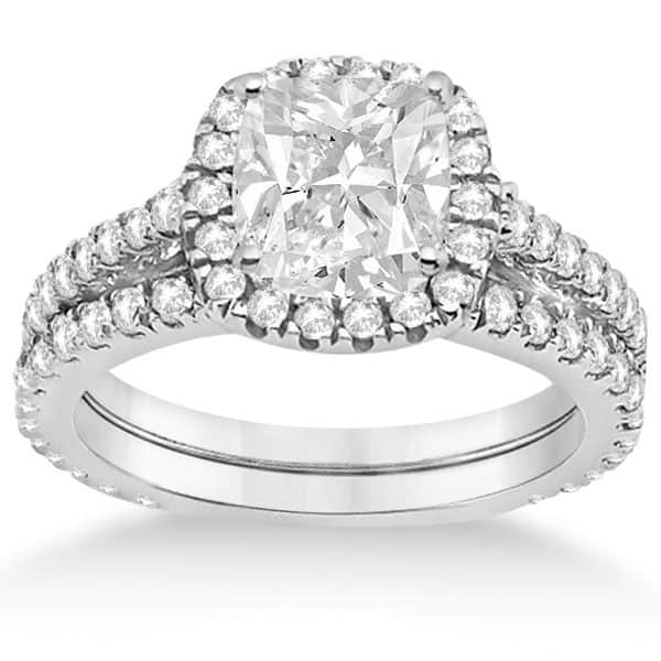 Halo Cushion Diamond Engagement Ring Bridal Set 14k White Gold (1.07ct)