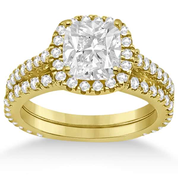 Halo Cushion Diamond Engagement Ring Bridal Set 18k Yellow Gold (1.07ct)