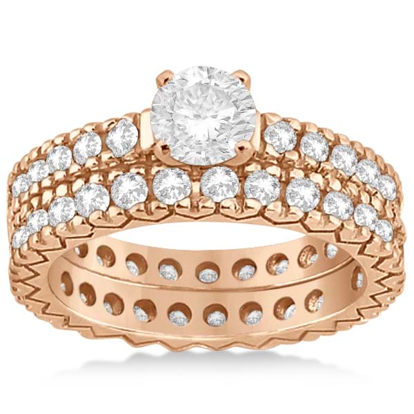 Diamond Eternity Bridal Ring Engagement Set in 18k Rose Gold 0.95ctw