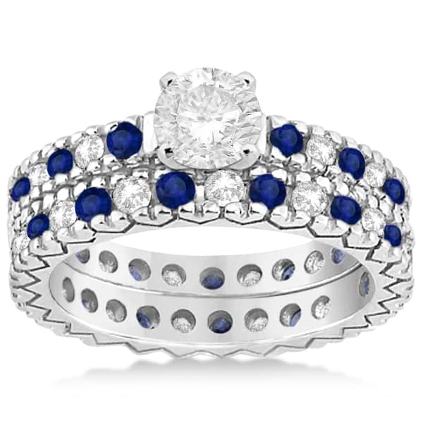 Diamond & Blue Sapphire Pave Eternity Bridal Set 14k White Gold (0.85ct)