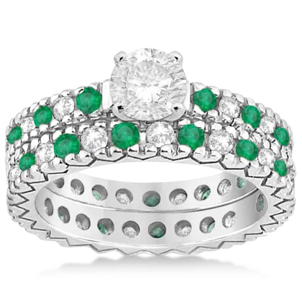 Diamond & Emerald Pave Eternity Bridal Set 14k White Gold (0.85ct)