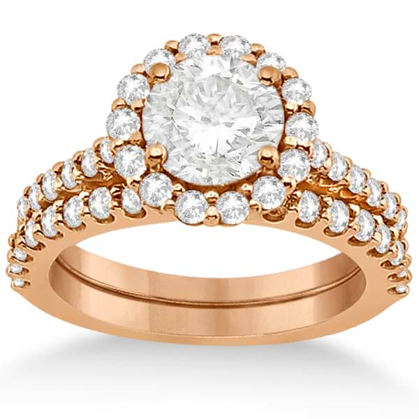 Halo Diamond Engagement Ring & Band Bridal Set 18K Rose Gold (1.12ct)