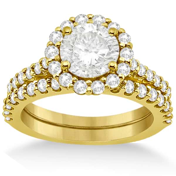 Halo Diamond Engagement Ring & Band Bridal Set 18K Yellow Gold (1.12ct)