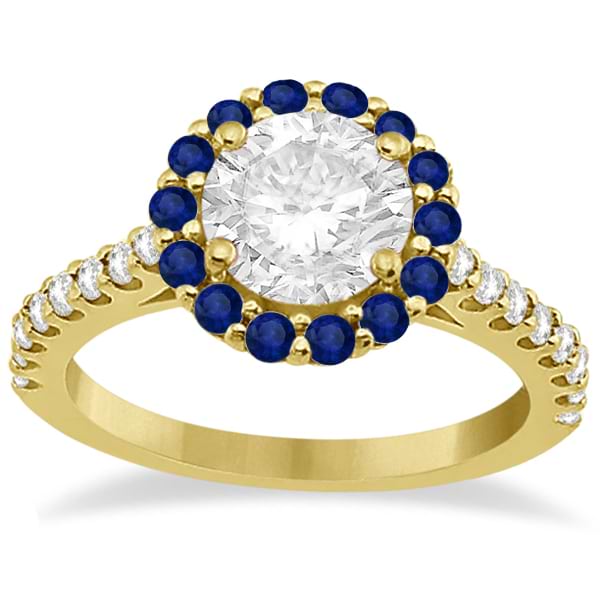 Halo Diamond & Blue Sapphire Engagement Ring 18K Yellow Gold (0.74ct)