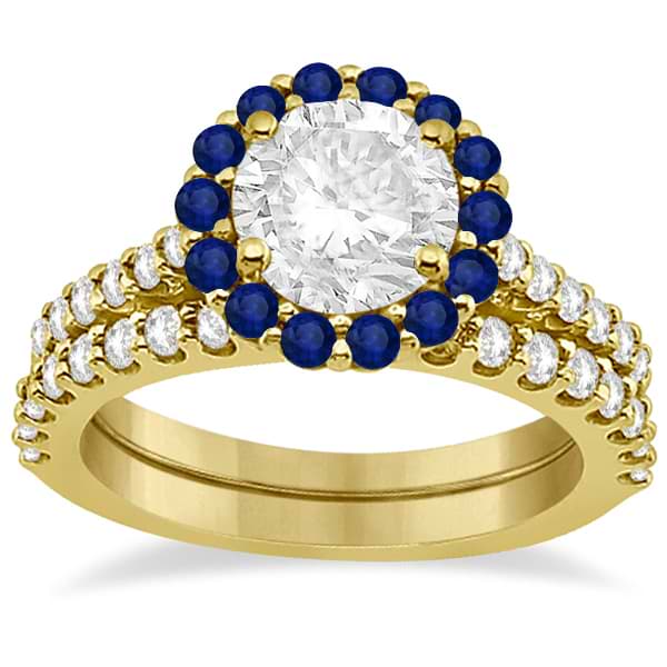 Halo Diamond & Blue Sapphire Ring Bridal Set 14K Yellow Gold (1.12ct)