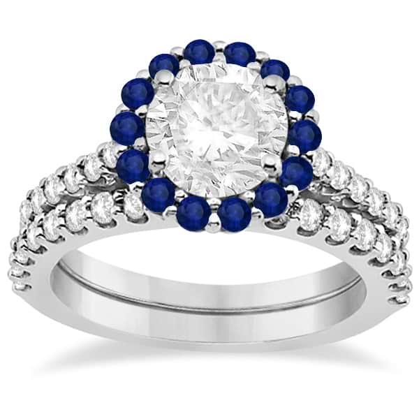 Halo Diamond & Blue Sapphire Ring Bridal Set Palladium (1.12ct)