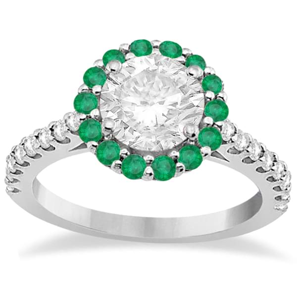 Round Halo Diamond and Emerald Engagement Ring 14K White Gold (0.74ct)