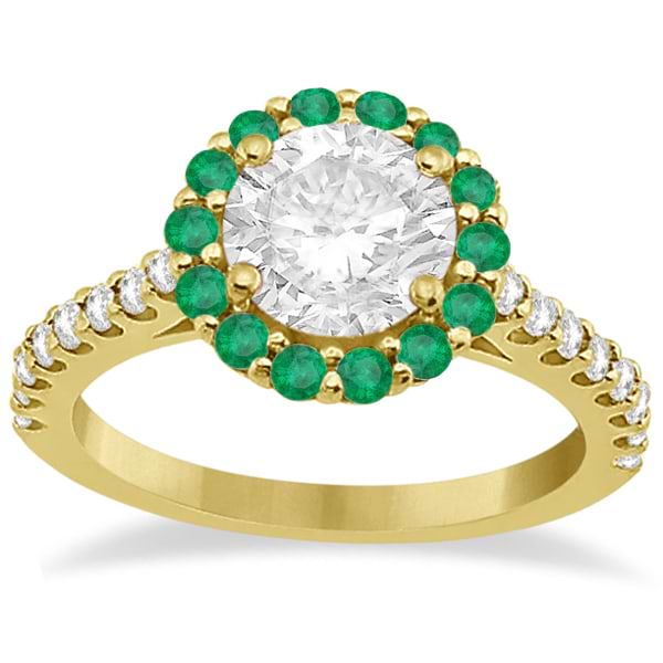 Round Halo Diamond and Emerald Engagement Ring 18K Yellow Gold (0.74ct)